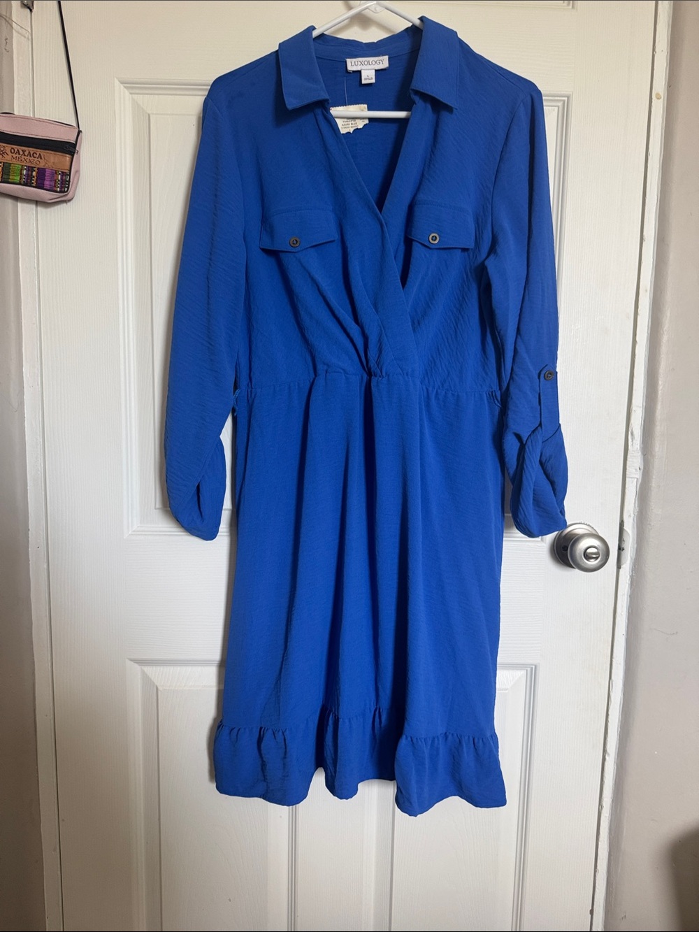 Luxology Cobalt Blue Collared Ruffle-Hem Shirt Dress